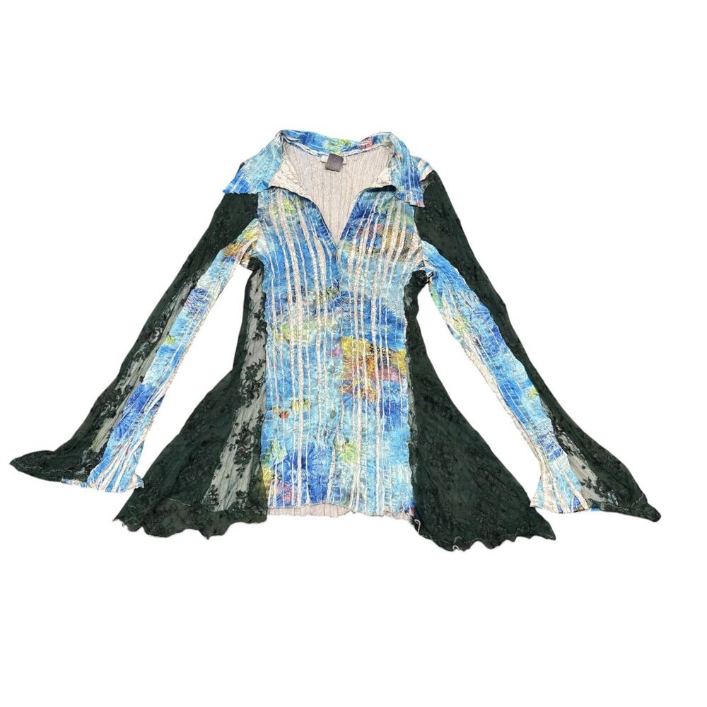 Vintage Y2K Cache Blouse M Floral Lace Bell Sleeve Whimsigoth Pleated Fairy - Picture 2 of 10
